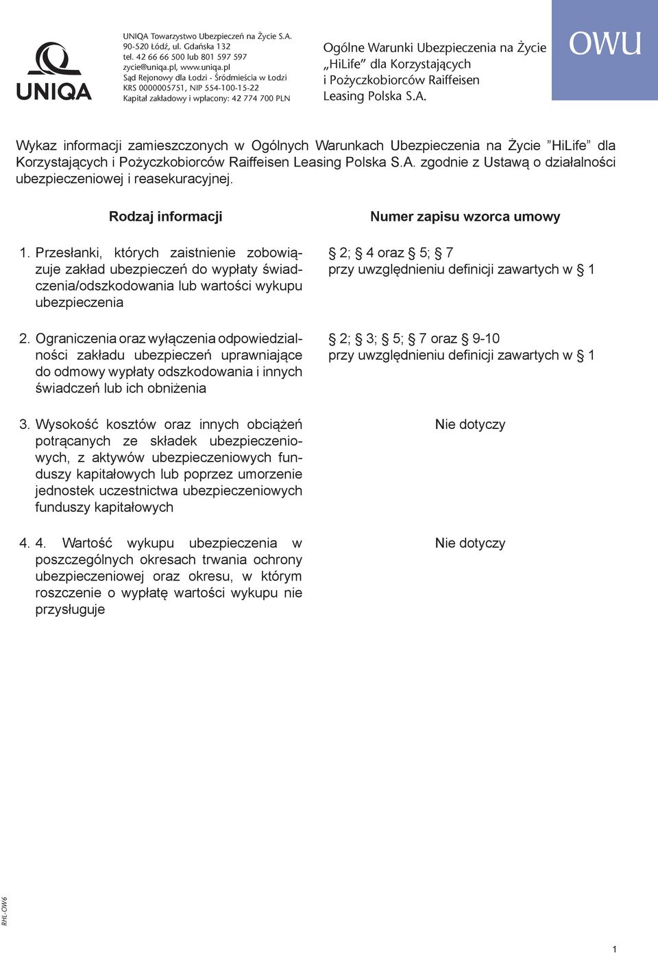 pl Sąd Rejonowy dla Łodzi - Śródmieścia w Łodzi KRS 0000005751, NIP 554-100-15-22 Kapitał zakładowy i wpłacony: 42 774 700 PLN Ogólne Warunki Ubezpieczenia na Życie HiLife dla Korzystających i