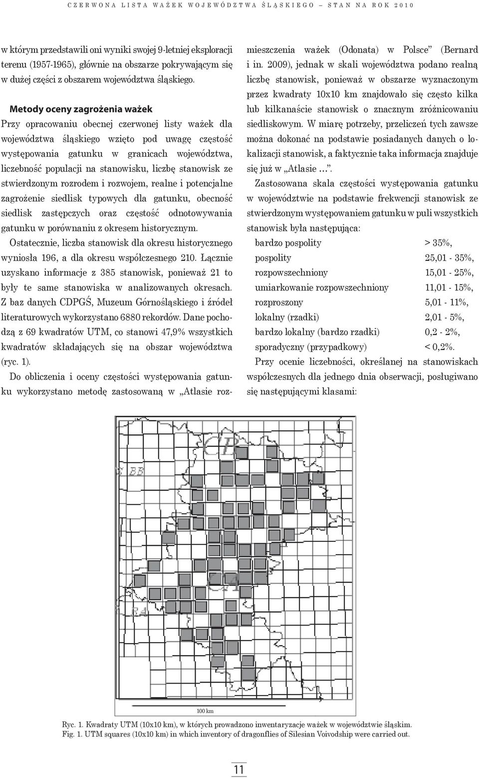 Metody oceny zagrożenia ważek Przy opracowaniu obecnej czerwonej listy ważek dla województwa śląskiego wzięto pod uwagę częstość występowania gatunku w granicach województwa, liczebność populacji na