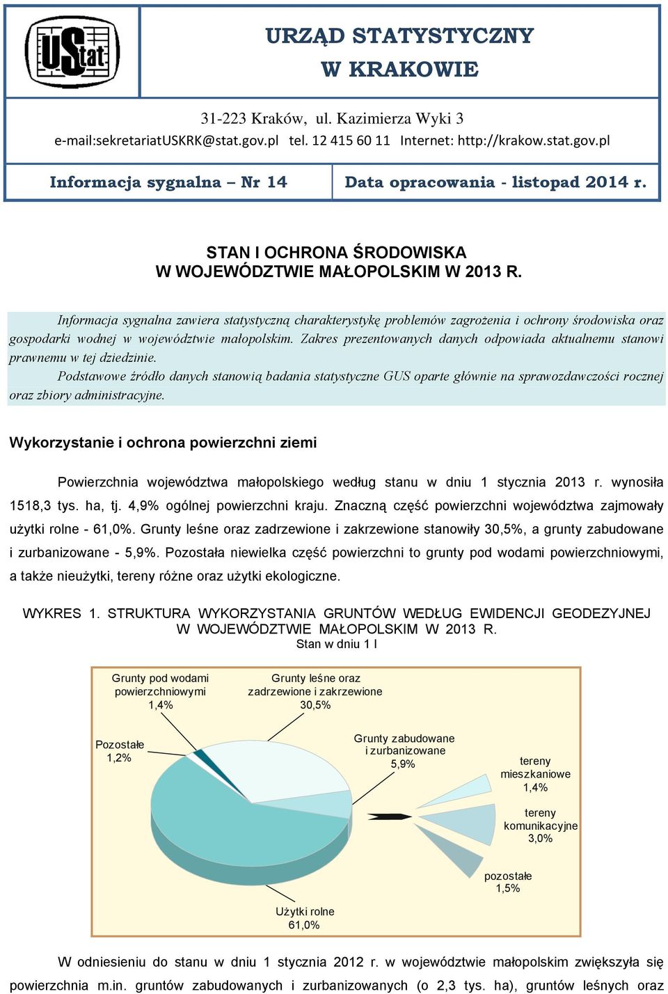 Informacja sygnalna zawiera statystyczną charakterystykę problemów zagrożenia i ochrony środowiska oraz gospodarki wodnej w województwie małopolskim.