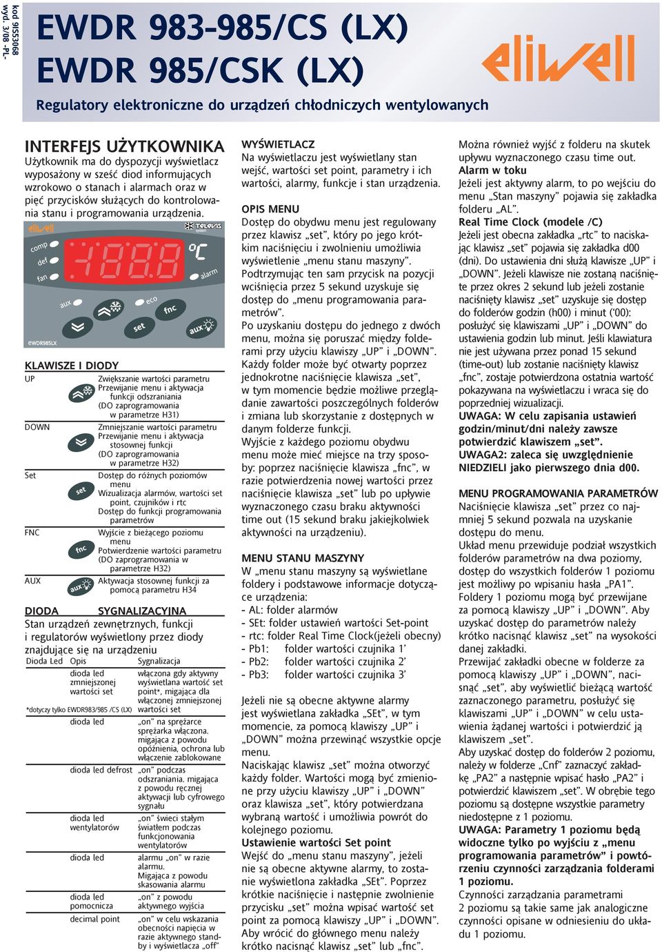 informujących wzrokowo o stanach i alarmach oraz w pięć przycisków służących do kontrolowania stanu i programowania urządzenia.