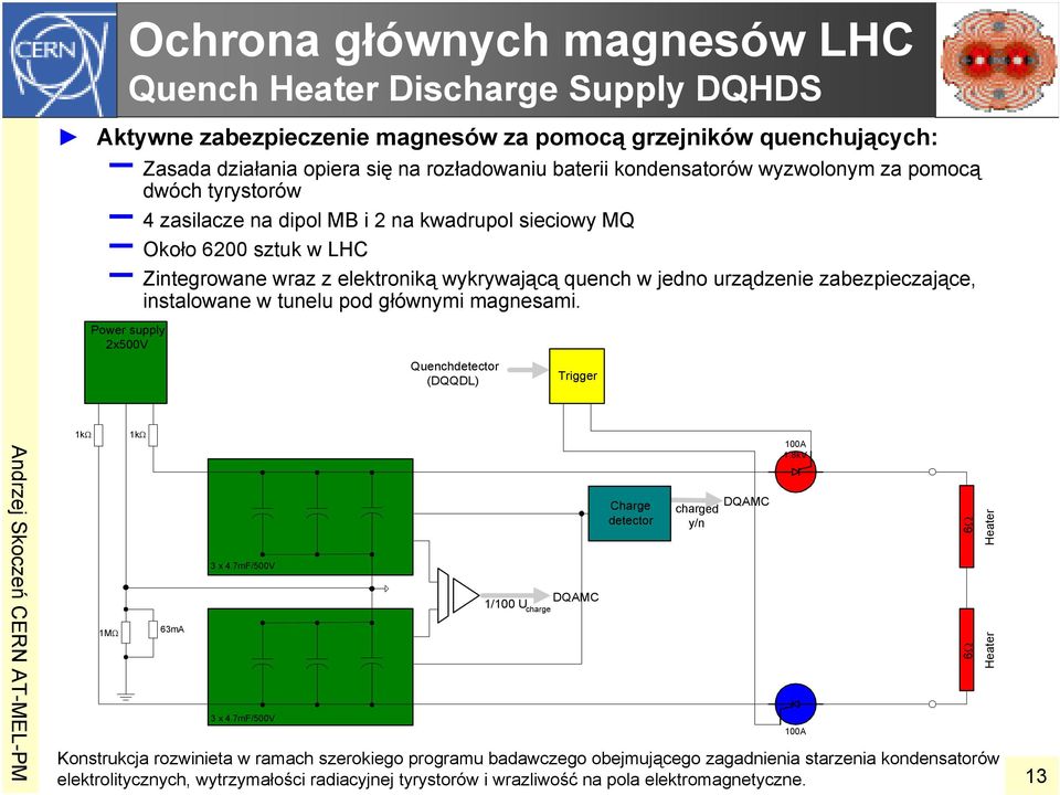 zabezpieczające, instalowane w tunelu pod głównymi magnesami. Power supply 2x500V Quenchdetector (DQQDL) Trigger 1kΩ 1MΩ 1kΩ 63mA 3 x 4.7mF/500V 3 x 4.