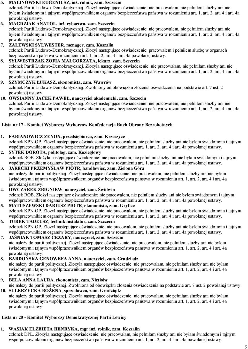 Szczecin członek Partii Ludowo-Demokratycznej. Złożyła następujące oświadczenie: nie pracowałam, nie pełniłam służby ani nie byłam 9. SZYMCZYK ŁUKASZ, ekonomista, zam.