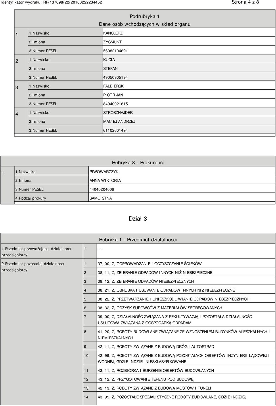 Numer PESEL 44040204006 4.Rodzaj prokury SAMOISTNA Dział 3 Rubryka 1 - Przedmiot działalności 1.Przedmiot przeważającej działalności przedsiębiorcy 2.