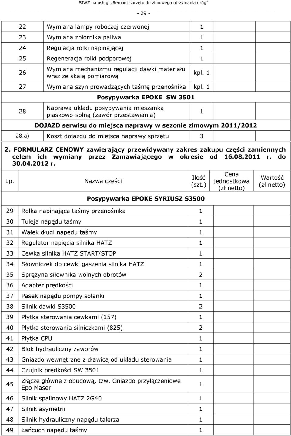 28 Posypywarka EPOKE SW 350 Naprawa układu posypywania mieszanką piaskowo-solną (zawór przestawiania) DOJAZD serwisu do miejsca naprawy w sezonie zimowym 20/202 28.
