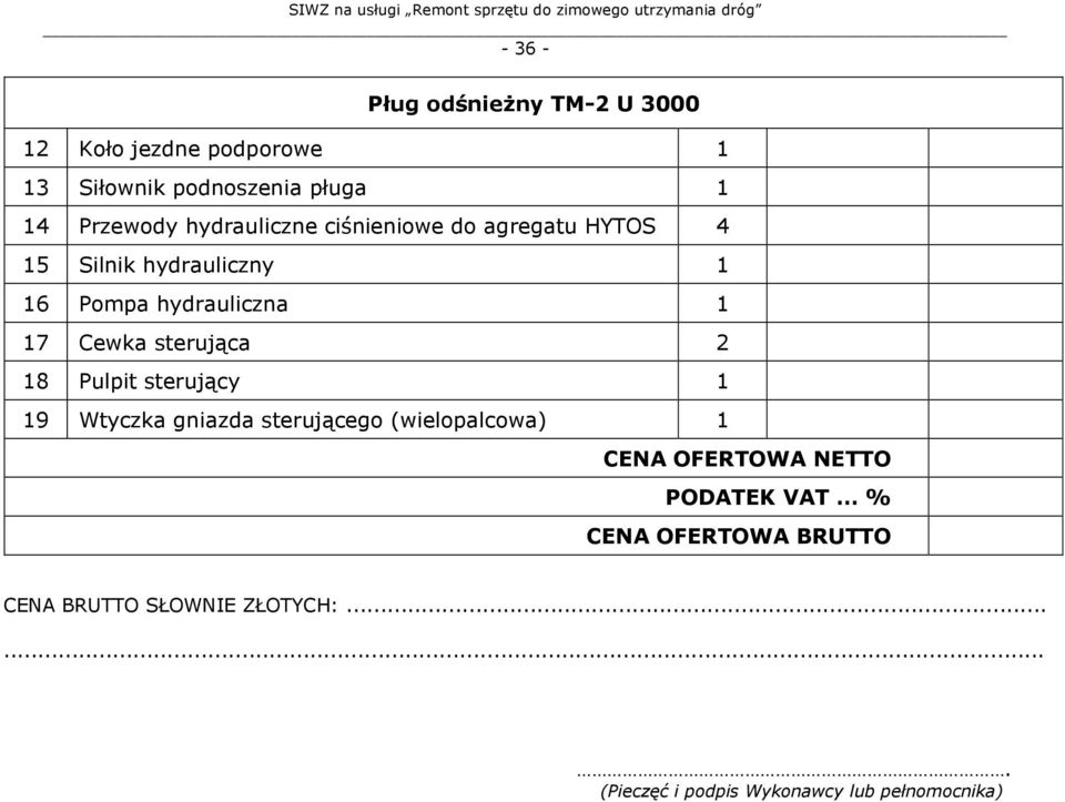 sterująca 2 8 Pulpit sterujący 9 Wtyczka gniazda sterującego (wielopalcowa) CENA OFERTOWA NETTO