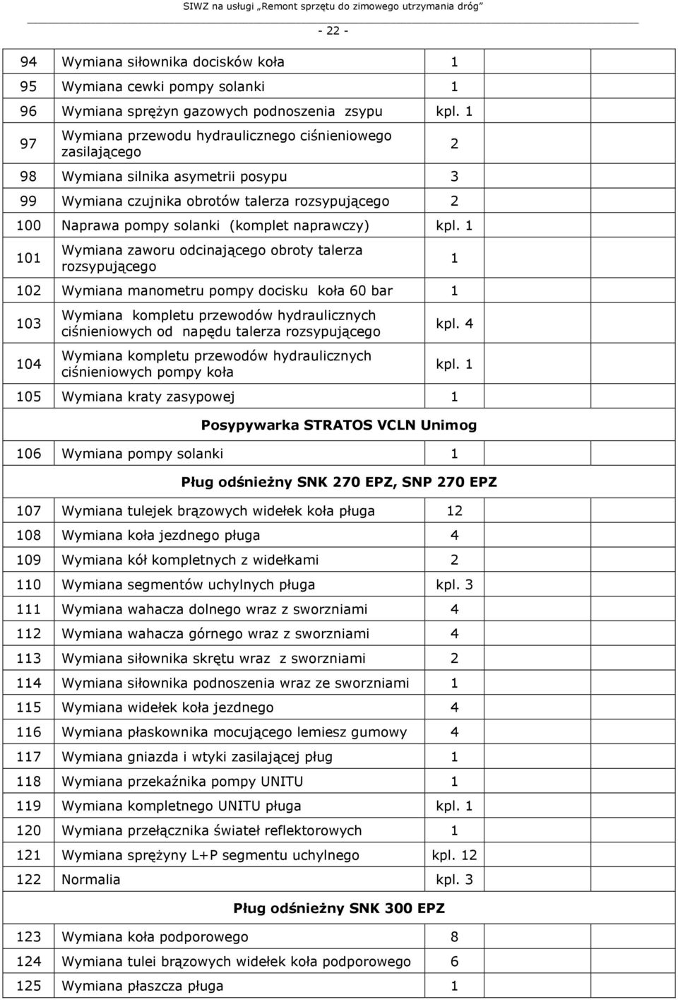 kpl. 0 Wymiana zaworu odcinającego obroty talerza rozsypującego 02 Wymiana manometru pompy docisku koła 60 bar 03 04 Wymiana kompletu przewodów hydraulicznych ciśnieniowych od napędu talerza