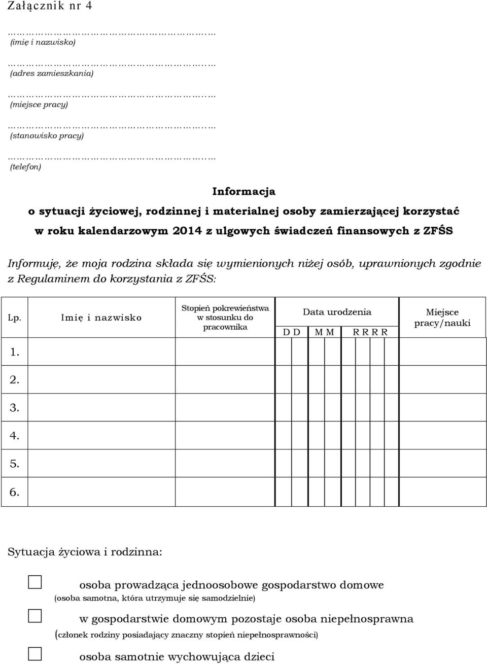 się wymienionych niżej osób, uprawnionych zgodnie z Regulaminem do korzystania z ZFŚS: Lp.