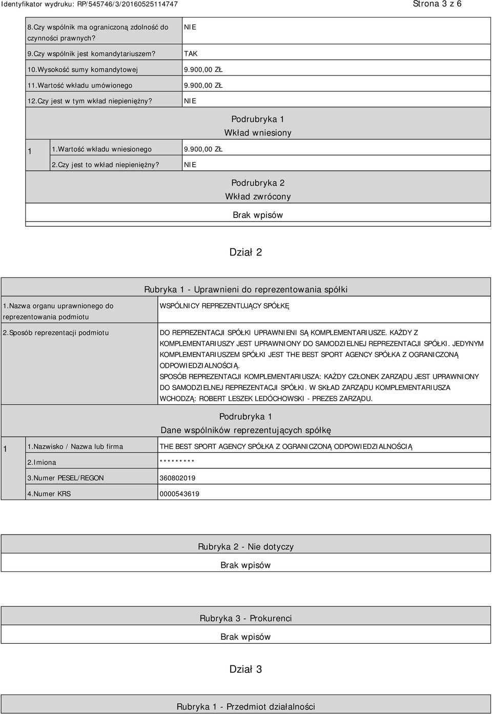 Podrubryka 2 Wkład zwrócony Dział 2 Rubryka 1 - Uprawnieni do reprezentowania spółki 1.Nazwa organu uprawnionego do reprezentowania podmiotu 2.