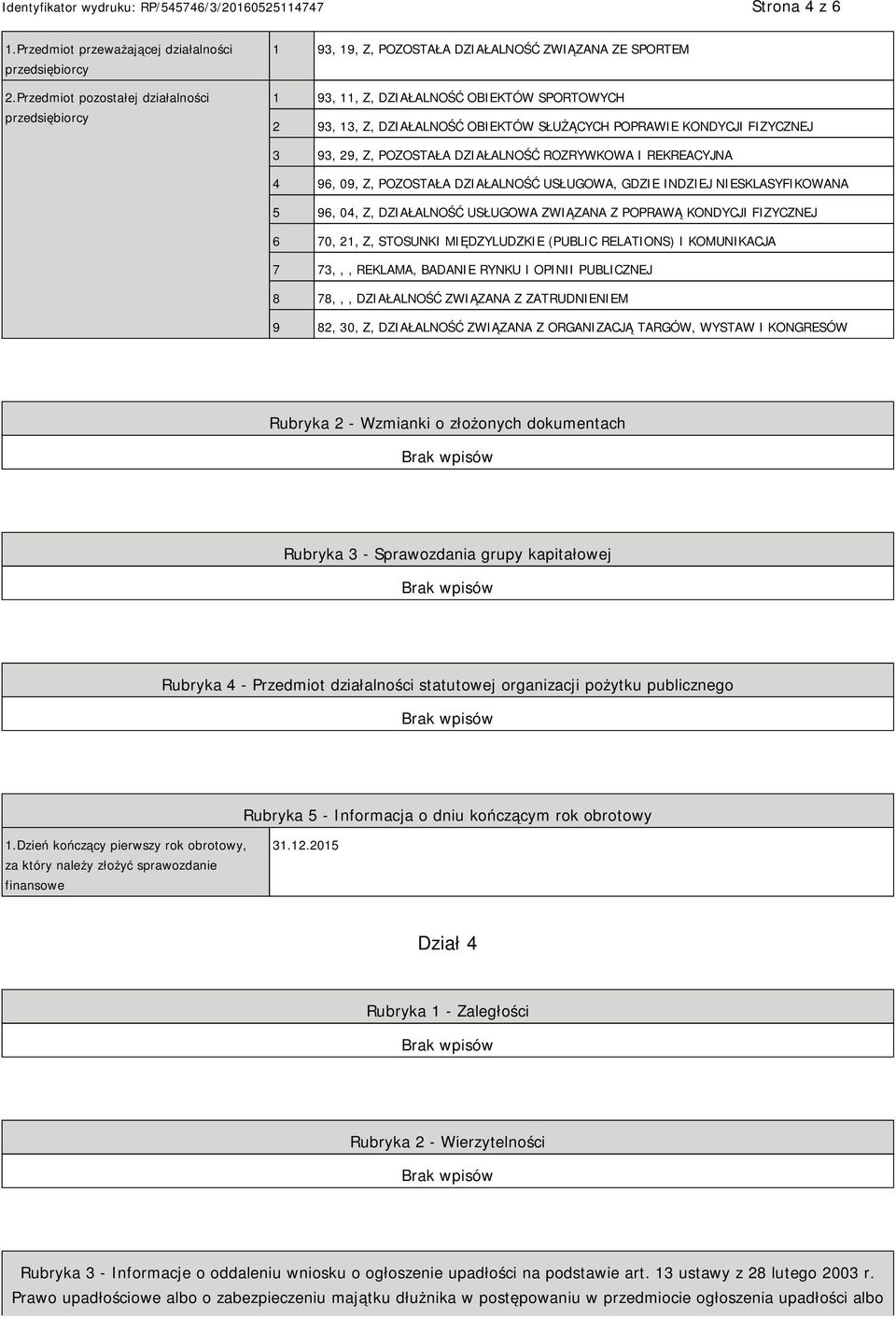 POPRAWIE KONDYCJI FIZYCZNEJ 3 93, 29, Z, POZOSTAŁA DZIAŁALNOŚĆ ROZRYWKOWA I REKREACYJNA 4 96, 09, Z, POZOSTAŁA DZIAŁALNOŚĆ USŁUGOWA, GDZIE INDZIEJ SKLASYFIKOWANA 5 96, 04, Z, DZIAŁALNOŚĆ USŁUGOWA