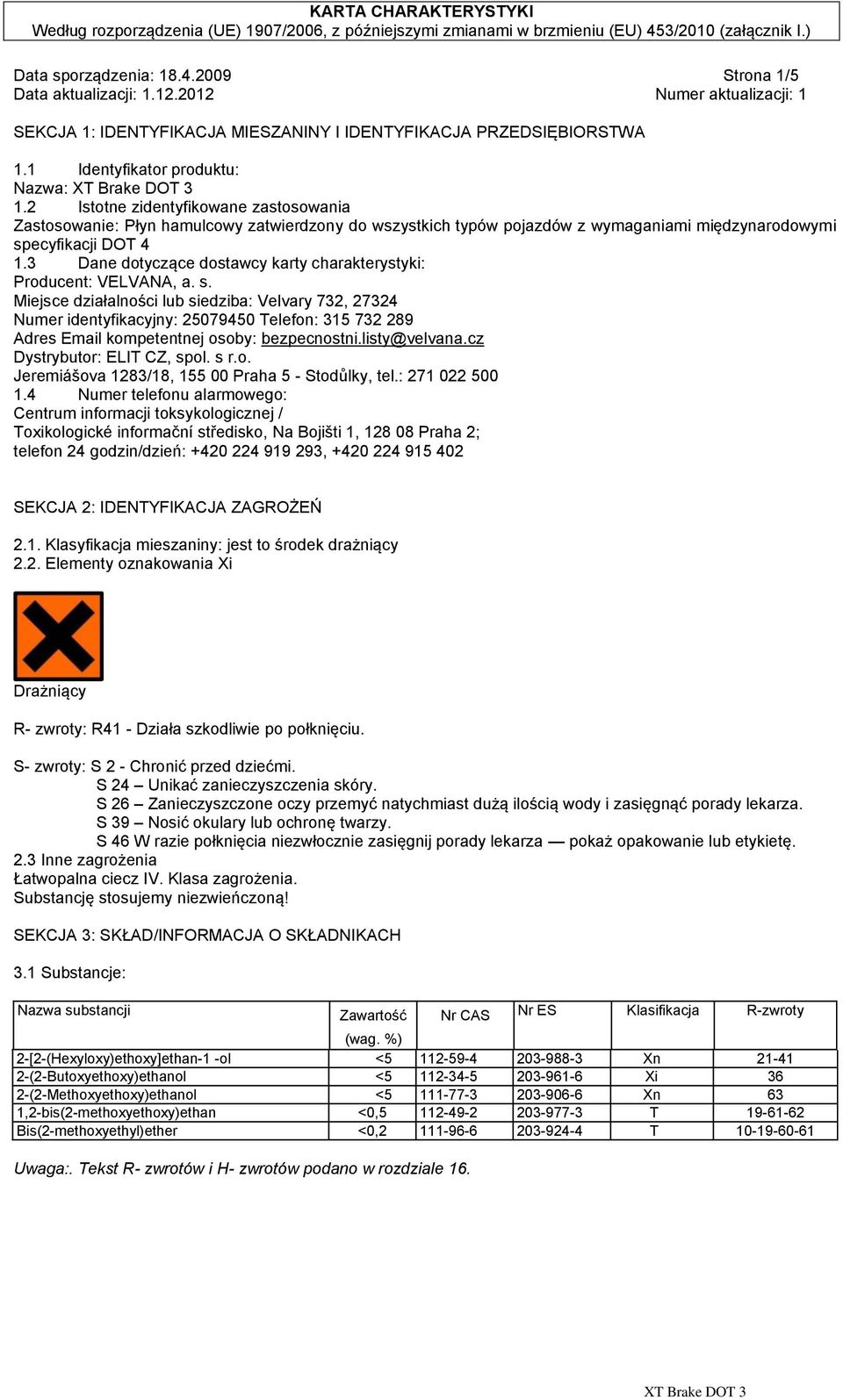 3 Dane dotyczące dostawcy karty charakterystyki: Producent: VELVANA, a. s.
