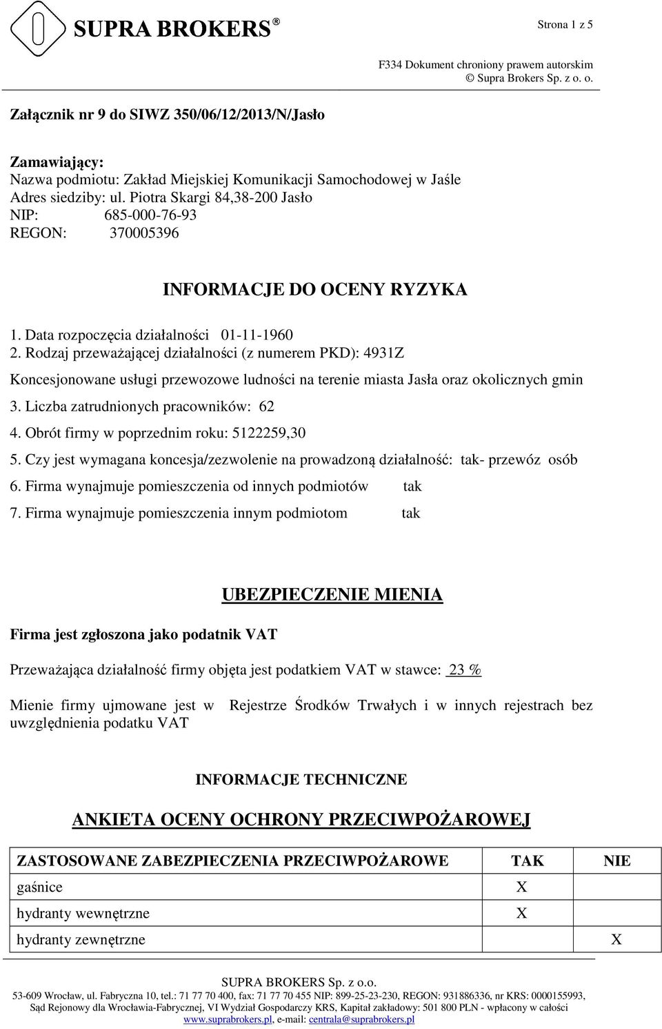 Rodzaj przeważającej działalności (z numerem PKD): 4931Z Koncesjonowane usługi przewozowe ludności na terenie miasta Jasła oraz okolicznych gmin 3. Liczba zatrudnionych pracowników: 62 4.