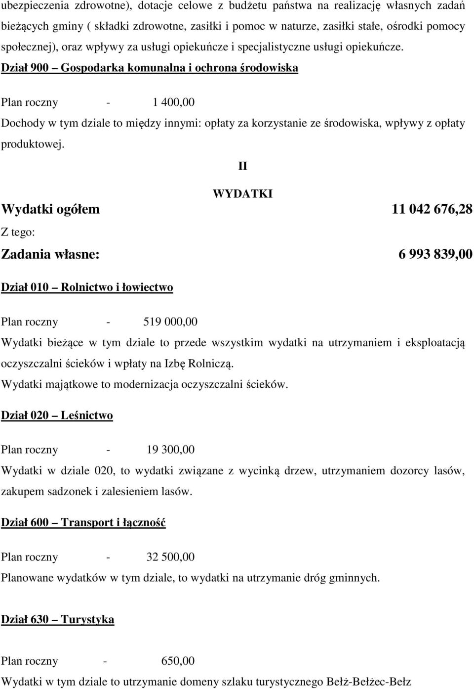 Dział 900 Gospodarka komunalna i ochrona środowiska Plan roczny - 1 400,00 Dochody w tym dziale to między innymi: opłaty za korzystanie ze środowiska, wpływy z opłaty produktowej.