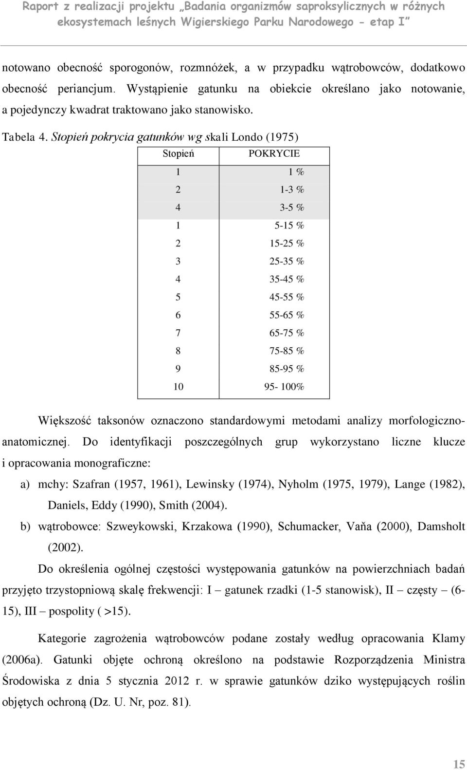 Stopień pokrycia gatunków wg skali Londo (1975) Stopień POKRYCIE 1 1 % 2 1-3 % 4 3-5 % 1 5-15 % 2 15-25 % 3 25-35 % 4 35-45 % 5 45-55 % 6 55-65 % 7 65-75 % 8 75-85 % 9 85-95 % 10 95-100% Większość