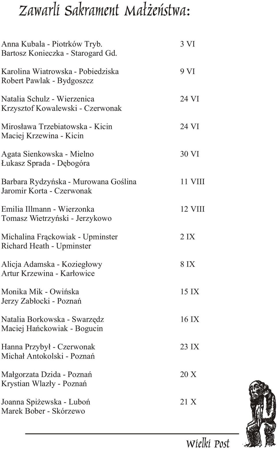 Agata Sienkowska - Mielno 30 VI ukasz Sprada - Dêbogóra Barbara Rydzyñska - Murowana Goœlina 11 VIII Jaromir Korta - Czerwonak Emilia Illmann - Wierzonka 12 VIII Tomasz Wietrzyñski - Jerzykowo