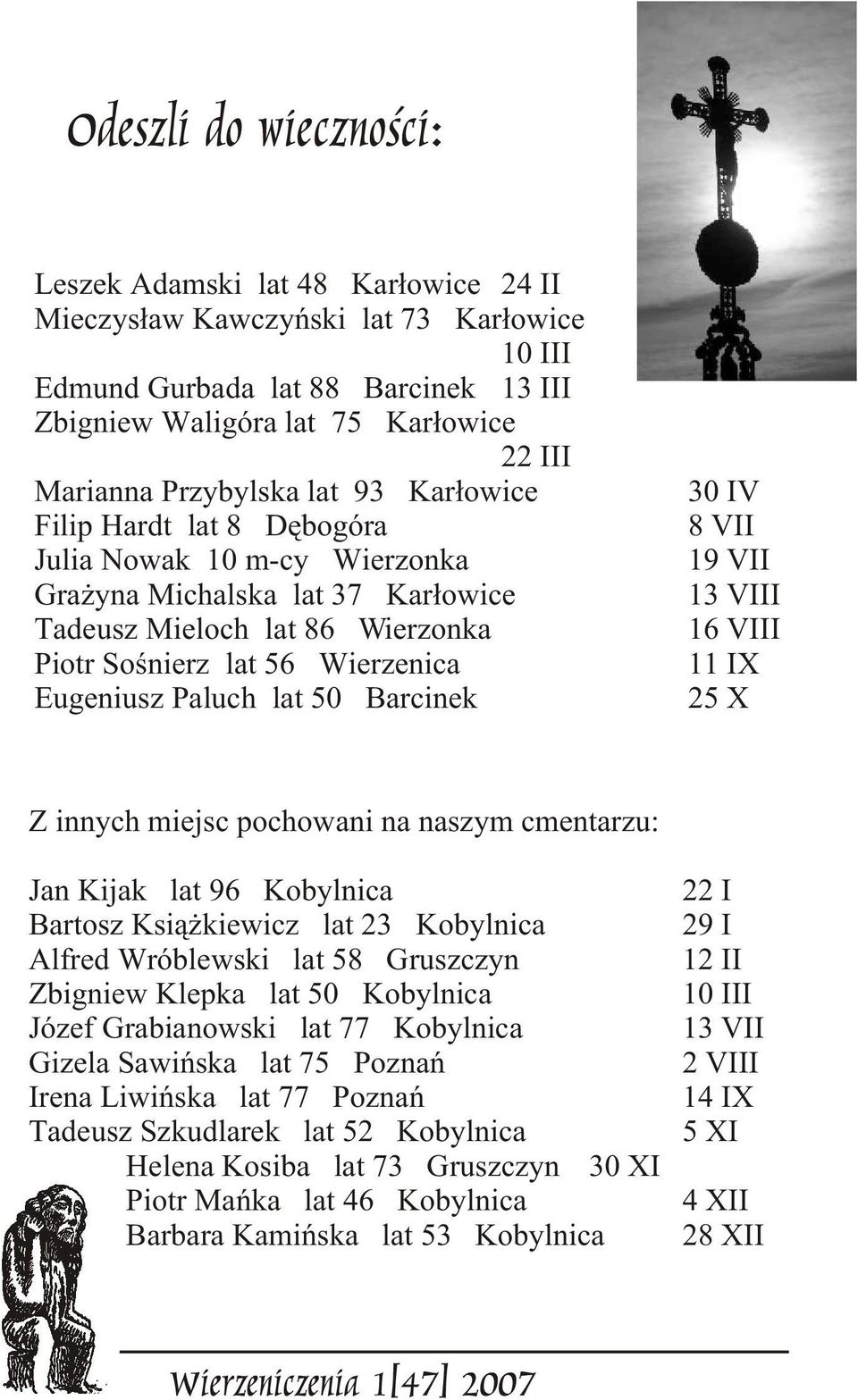 Barcinek 30 IV 8 VII 19 VII 13 VIII 16 VIII 11 IX 25 X Z innych miejsc pochowani na naszym cmentarzu: Jan Kijak lat 96 Kobylnica Bartosz Ksi¹ kiewicz lat 23 Kobylnica Alfred Wróblewski lat 58