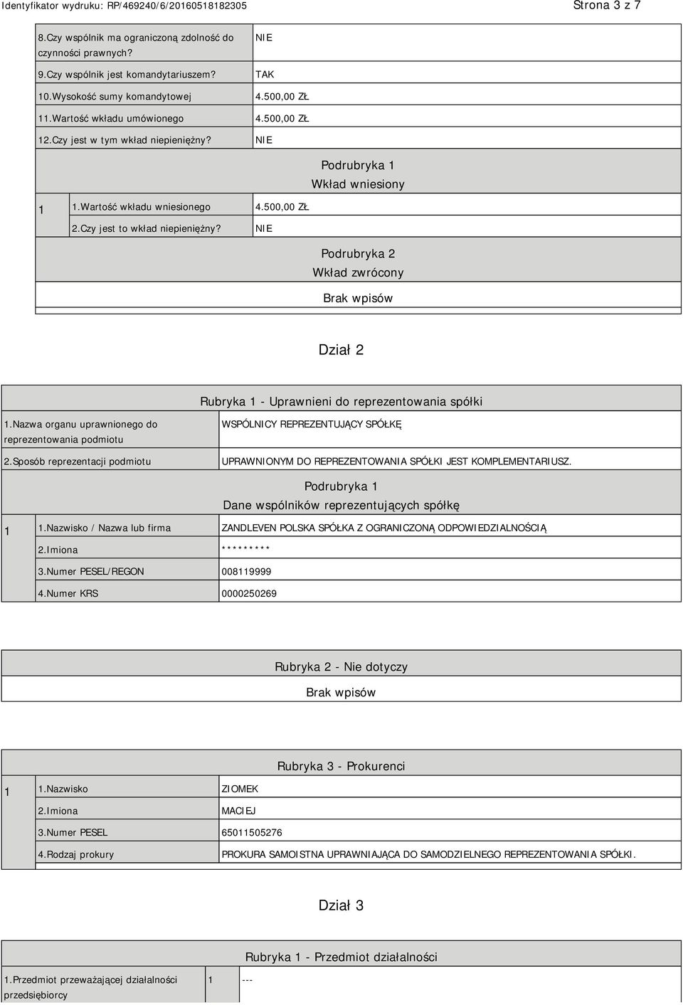 Podrubryka 2 Wkład zwrócony Dział 2 Rubryka 1 - Uprawnieni do reprezentowania spółki 1.Nazwa organu uprawnionego do reprezentowania podmiotu 2.