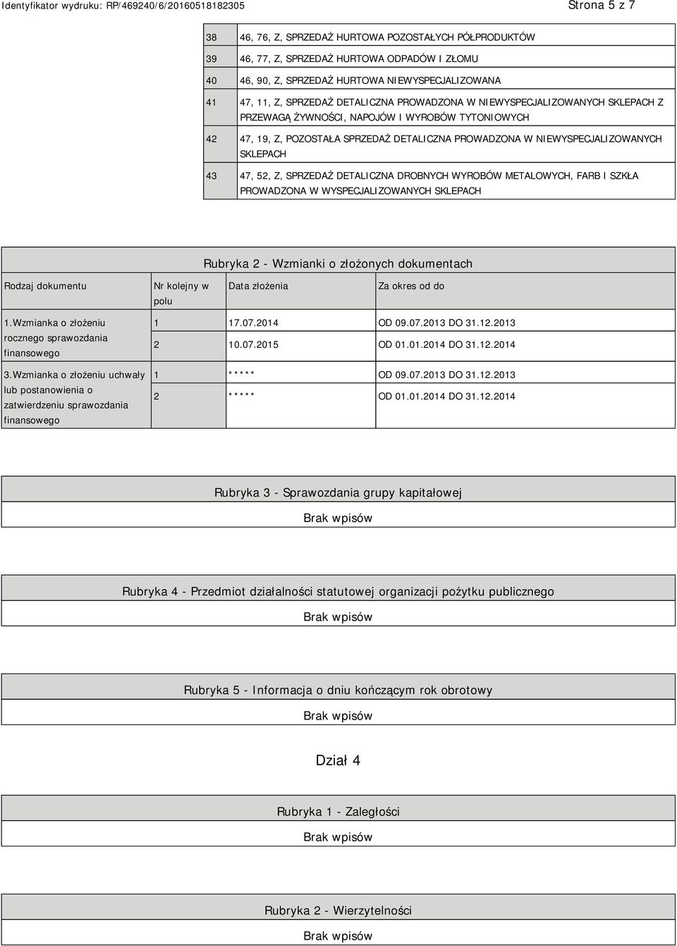 DETALICZNA DROBNYCH WYROBÓW METALOWYCH, FARB I SZKŁA PROWADZONA W WYSPECJALIZOWANYCH SKLEPACH Rubryka 2 - Wzmianki o złożonych dokumentach Rodzaj dokumentu Nr kolejny w polu Data złożenia Za okres od
