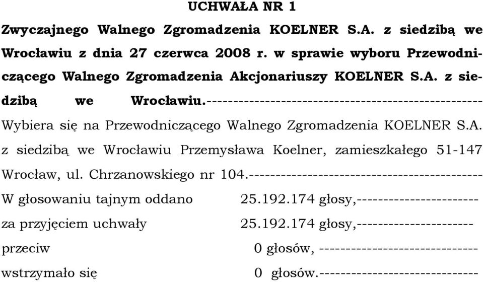 z siedzibą we Wrocławiu Przemysława Koelner, zamieszkałego 51-147 Wrocław, ul. Chrzanowskiego nr 104.