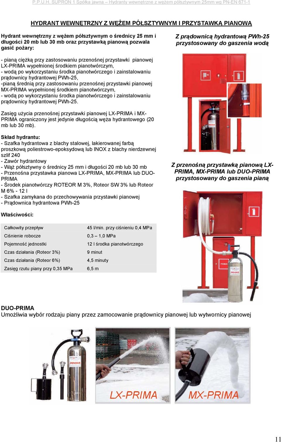 pianotwórczego i zainstalowaniu prądownicy hydrantowej PWh-25, -pianą średnią przy zastosowaniu przenośnej przystawki pianowej MX-PRIMA wypełnionej środkiem pianotwórczym, - wodą po wykorzystaniu