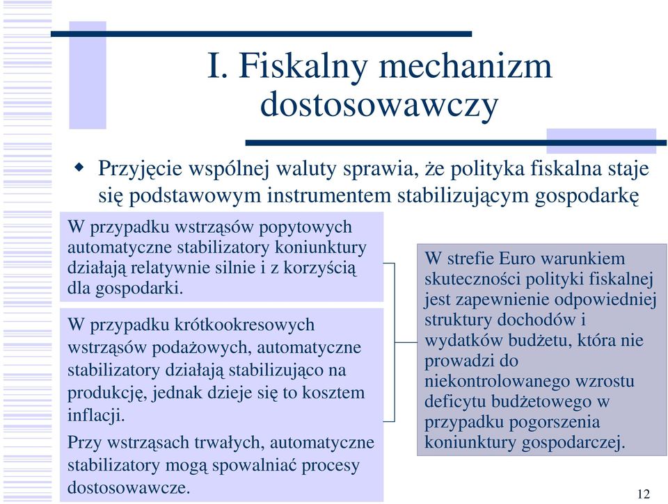 W przypadku krótkookresowych wstrząsów podaŝowych, automatyczne stabilizatory działają stabilizująco na produkcję, jednak dzieje się to kosztem inflacji.