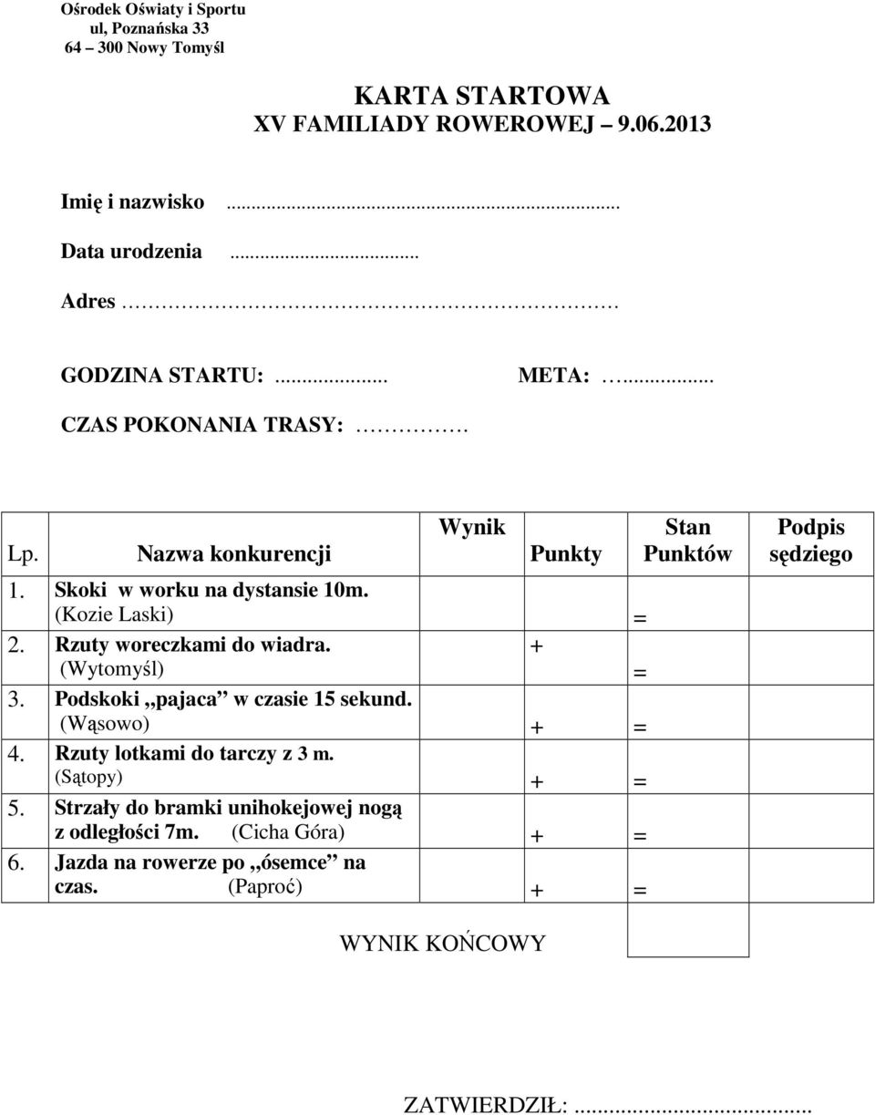 Podskoki pajaca w czasie 15 sekund. (Wąsowo) + = 4. Rzuty lotkami do tarczy z 3 m. (Sątopy) + = 5.