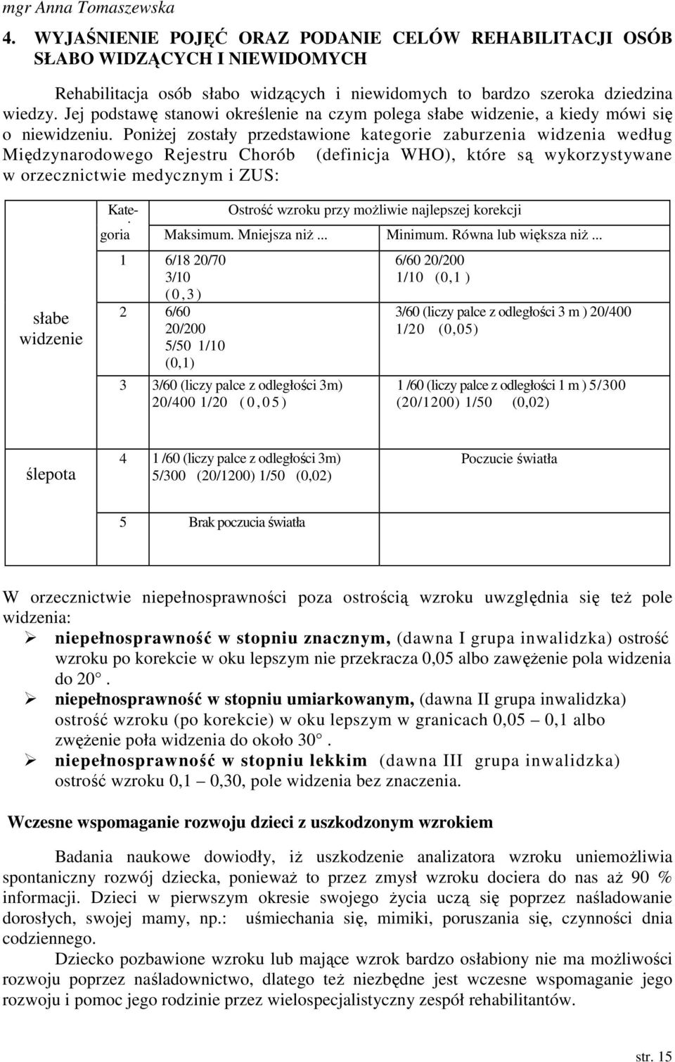 PoniŜej zostały przedstawione kategorie zaburzenia widzenia według Międzynarodowego Rejestru Chorób (definicja WHO), które są wykorzystywane w orzecznictwie medycznym i ZUS: słabe widzenie Kategoria