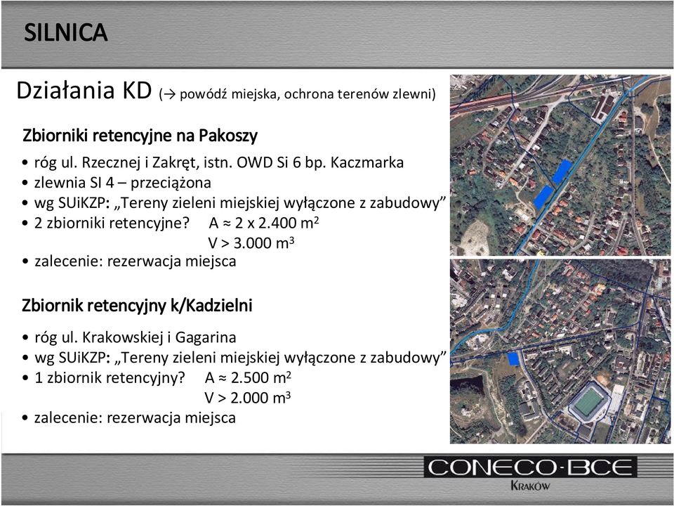 A 2 x 2.400 m 2 V > 3.000 m 3 zalecenie: rezerwacja miejsca Zbiornik retencyjny k/kadzielni róg ul.