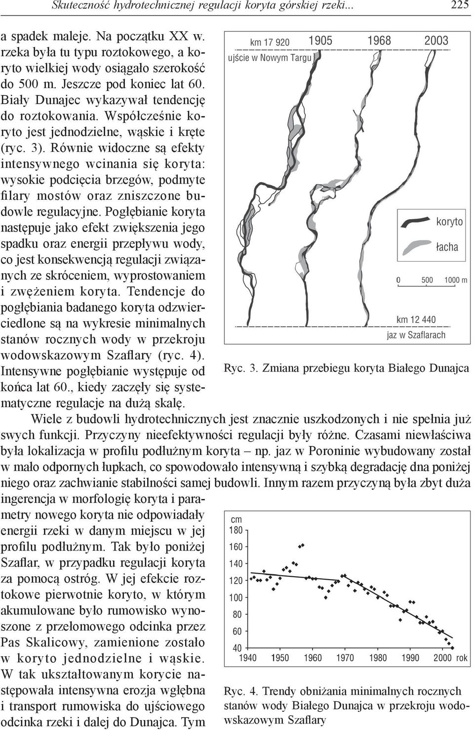 Równie widoczne są efekty intensywnego wcinania się koryta: wysokie podcięcia brzegów, podmyte filary mostów oraz zniszczone budowle regulacyjne.