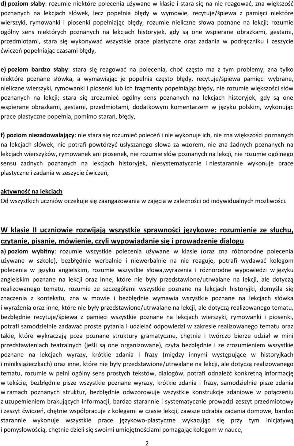 przedmiotami, stara się wykonywad wszystkie prace plastyczne oraz zadania w podręczniku i zeszycie dwiczeo popełniając czasami błędy, e) poziom bardzo słaby: stara się reagowad na polecenia, chod