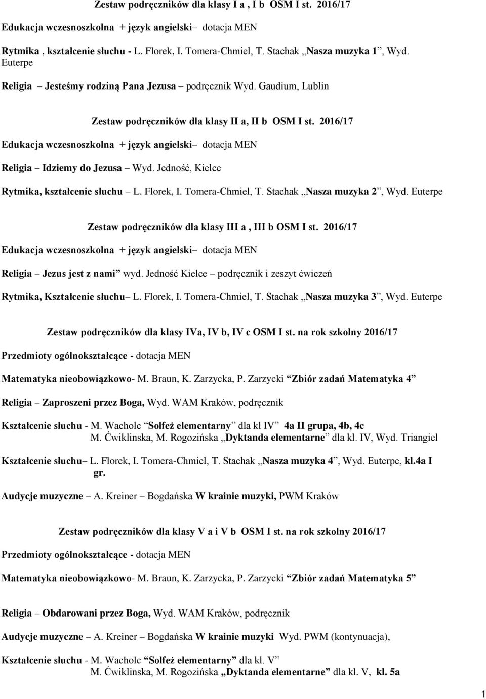 Jedność, Kielce Rytmika, kształcenie słuchu L. Florek, I. Tomera-Chmiel, T. Stachak Nasza muzyka 2, Wyd. Euterpe Zestaw podręczników dla klasy III a, III b OSM I st.