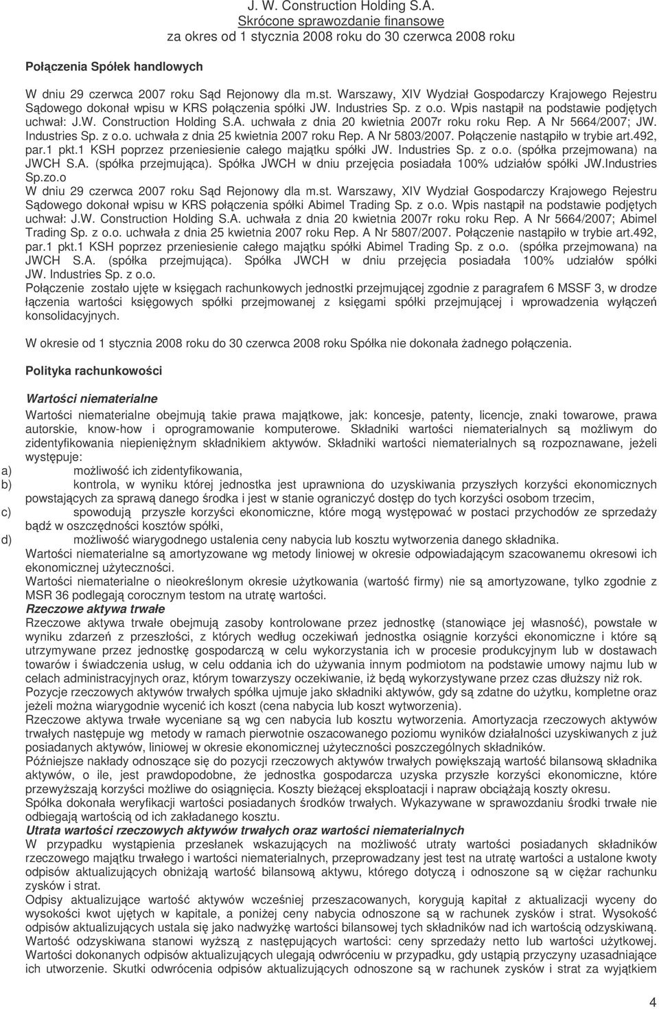 A Nr 5803/2007. Połczenie nastpiło w trybie art.492, par.1 pkt.1 KSH poprzez przeniesienie całego majtku spółki JW. Industries Sp. z o.o. (spółka przejmowana) na JWCH S.A. (spółka przejmujca).