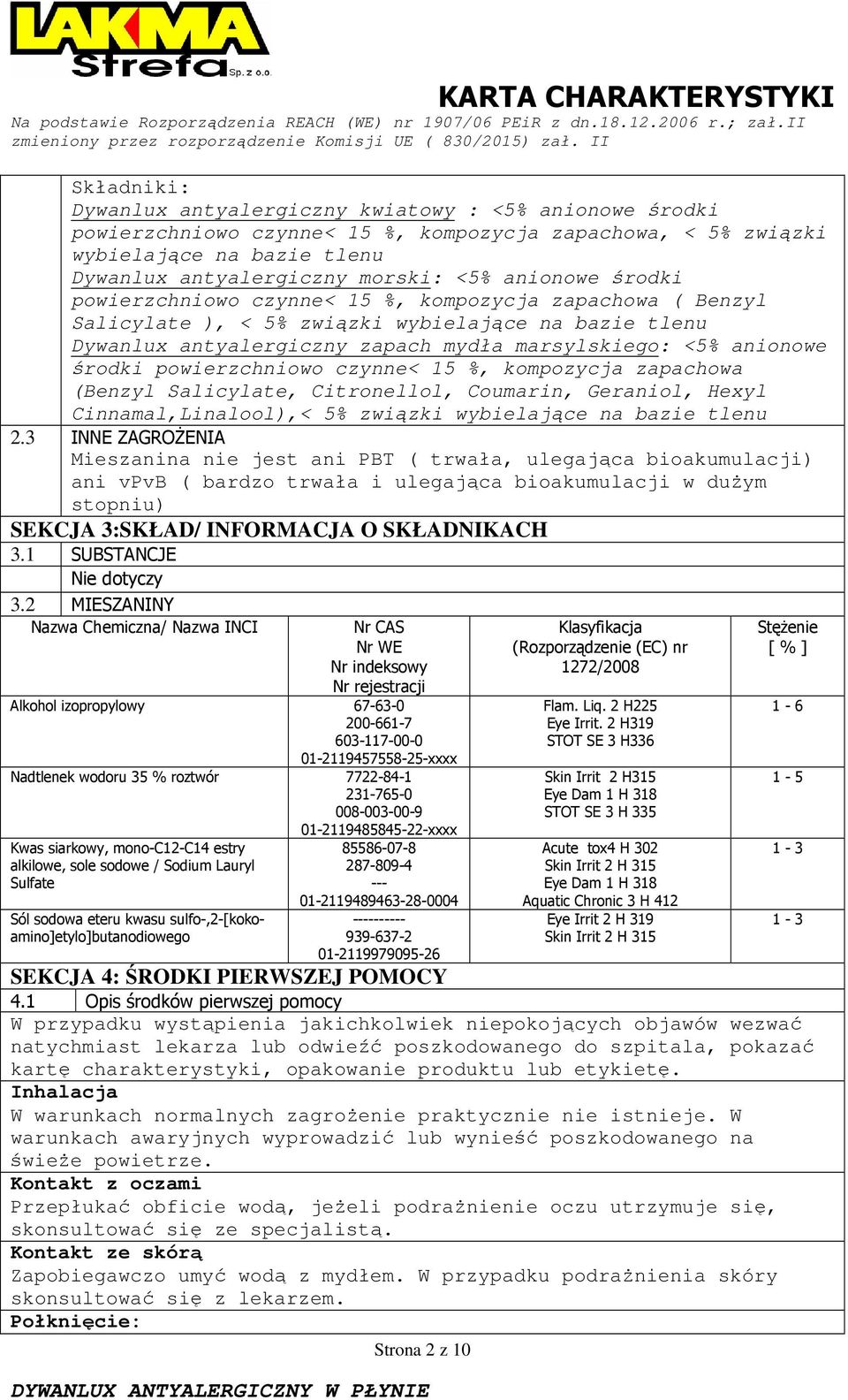 powierzchniowo czynne< 15 %, kompozycja zapachowa (Benzyl Salicylate, Citronellol, Coumarin, Geraniol, Hexyl Cinnamal,Linalool),< 5% związki wybielające na bazie tlenu 2.