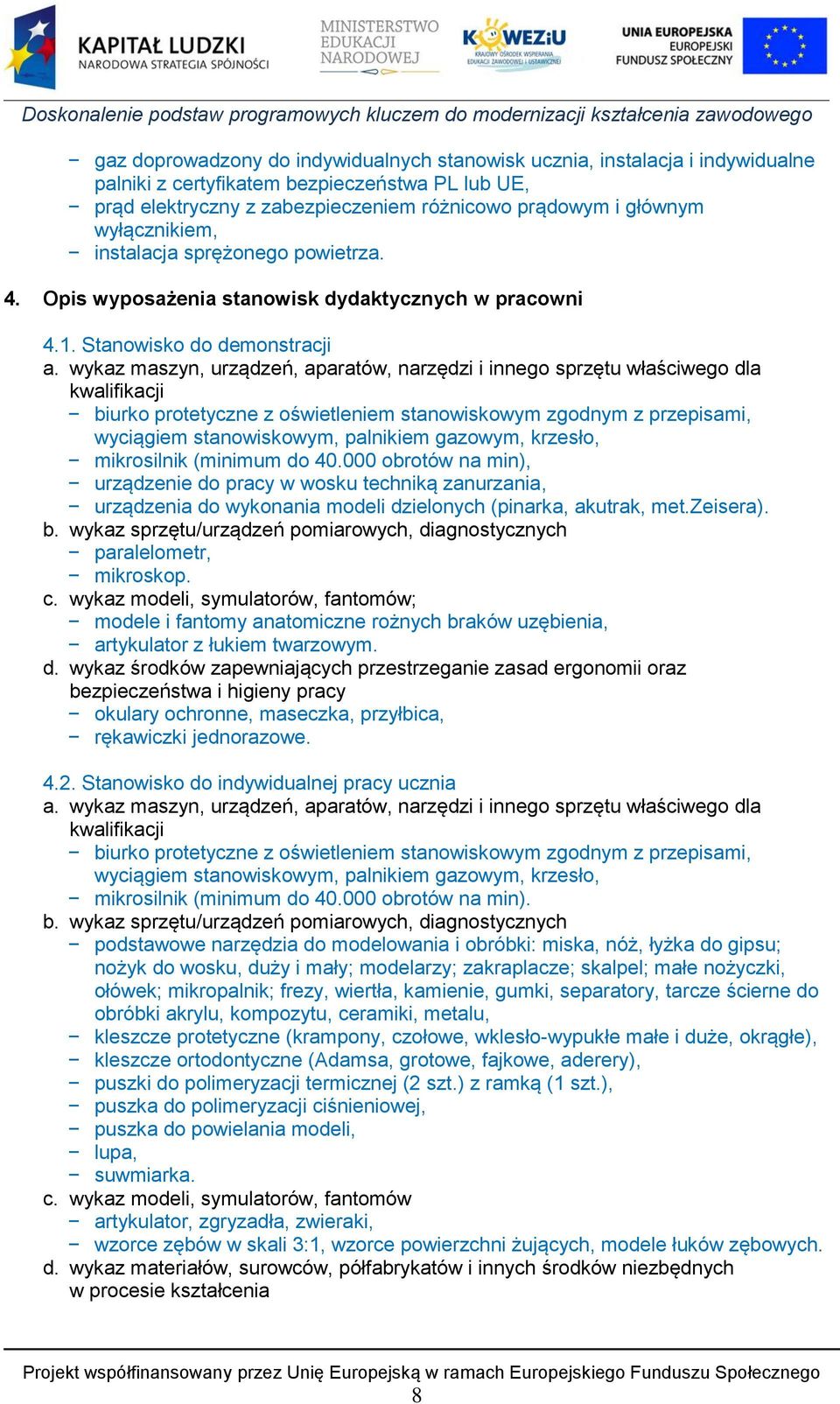 wykaz maszyn, urządzeń, aparatów, narzędzi i innego sprzętu właściwego dla kwalifikacji biurko protetyczne z oświetleniem stanowiskowym zgodnym z przepisami, wyciągiem stanowiskowym, palnikiem