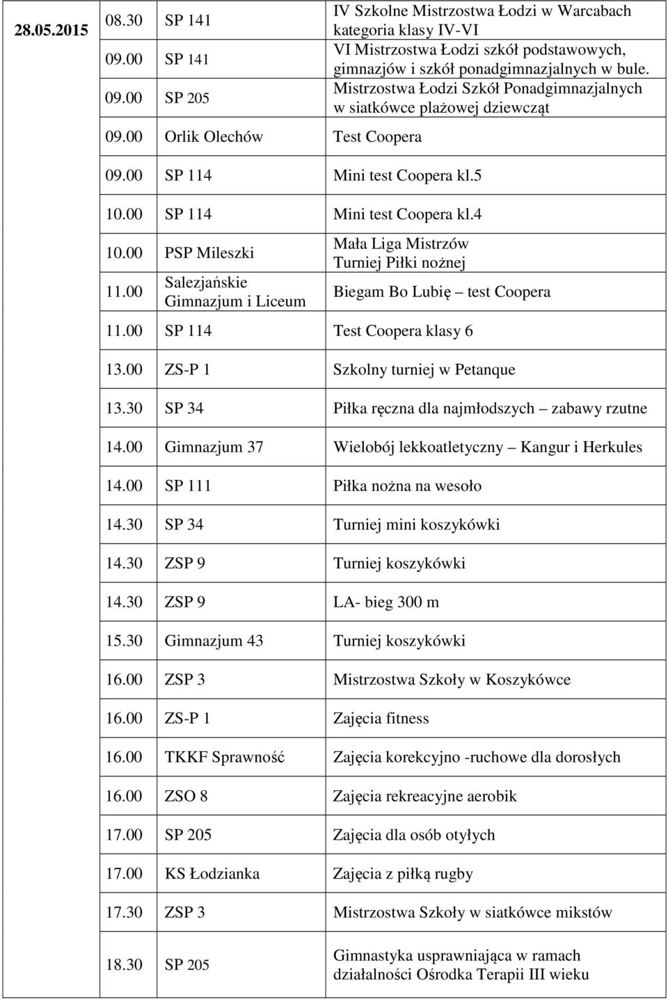 Mistrzostwa Łodzi Szkół Ponadgimnazjalnych w siatkówce plażowej dziewcząt 09.00 SP 114 Mini test Coopera kl.5 10.00 SP 114 Mini test Coopera kl.4 10.00 PSP Mileszki 11.