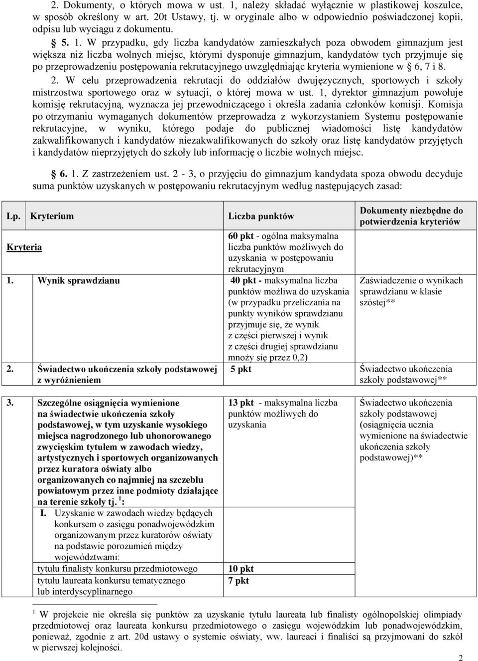 W przypadku, gdy liczba kandydatów zamieszkałych poza obwodem gimnazjum jest większa niż liczba wolnych miejsc, którymi dysponuje gimnazjum, kandydatów tych przyjmuje się po przeprowadzeniu