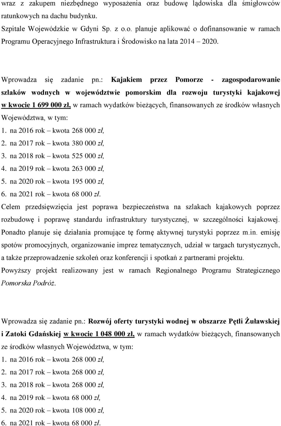 : Kajakiem przez Pomorze - zagospodarowanie szlaków wodnych w województwie pomorskim dla rozwoju turystyki kajakowej w kwocie 1 699 000 zł, w ramach wydatków bieżących, finansowanych ze środków