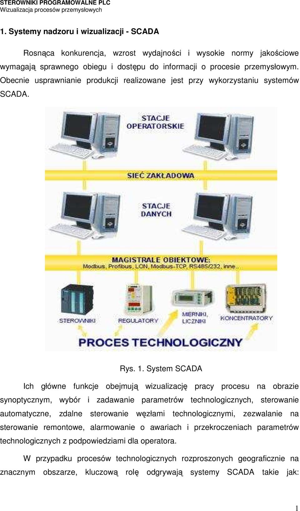 System SCADA Ich główne funkcje obejmują wizualizację pracy procesu na obrazie synoptycznym, wybór i zadawanie parametrów technologicznych, sterowanie automatyczne, zdalne sterowanie
