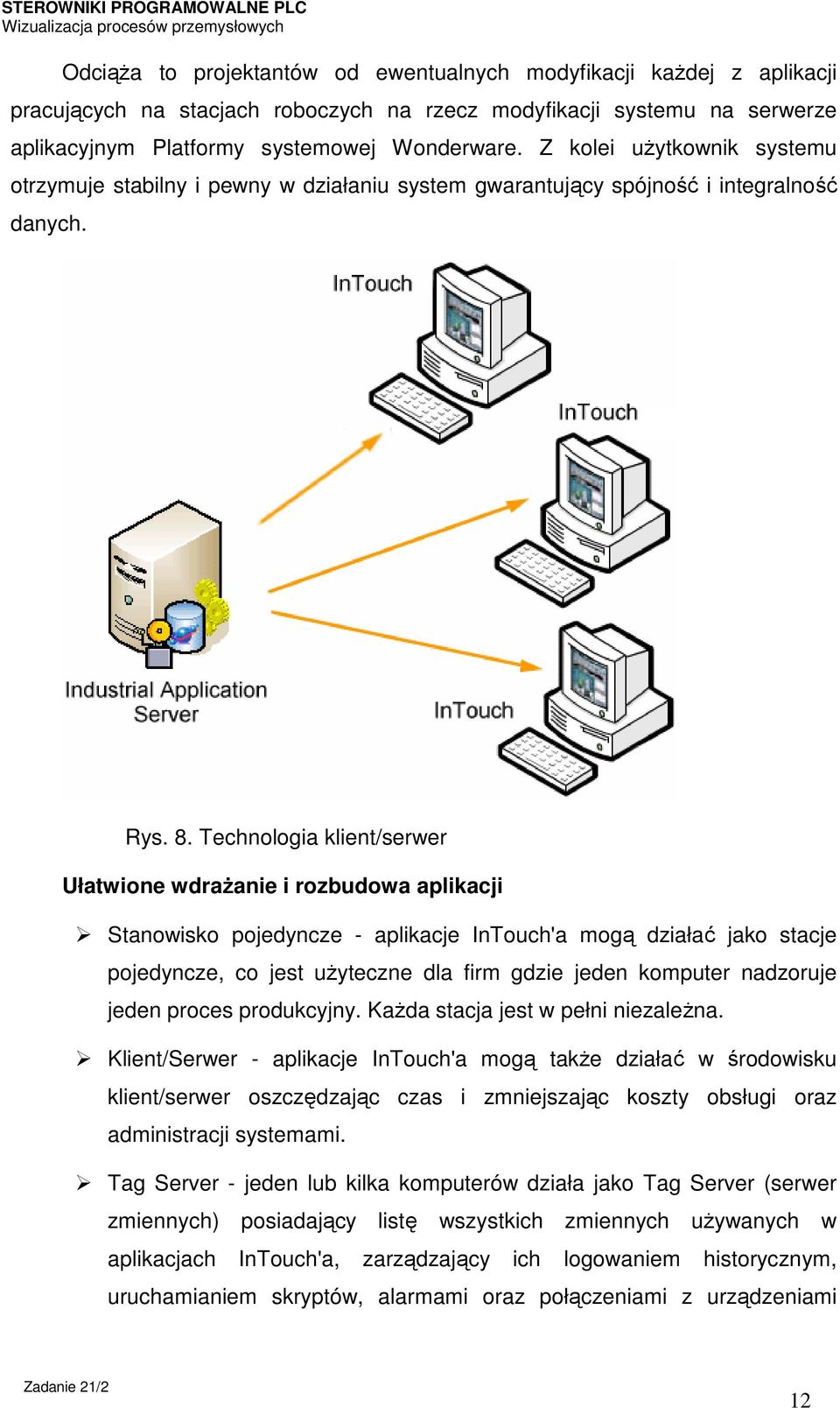 Technologia klient/serwer Ułatwione wdrażanie i rozbudowa aplikacji Stanowisko pojedyncze - aplikacje InTouch'a mogą działać jako stacje pojedyncze, co jest użyteczne dla firm gdzie jeden komputer