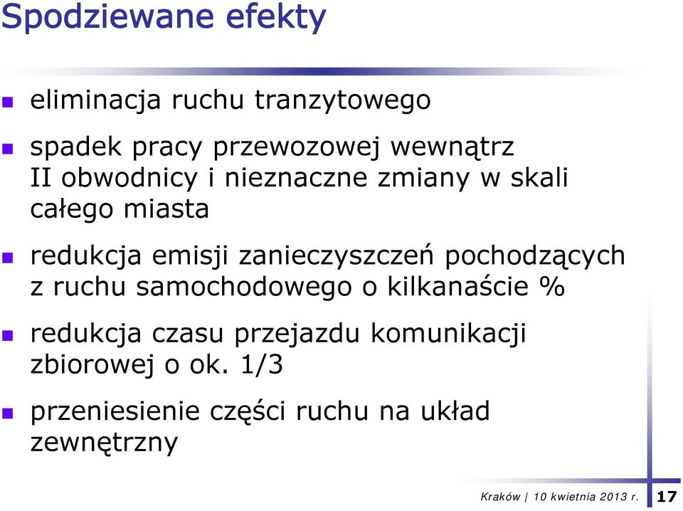 zanieczyszczeń pochodzących z ruchu samochodowego o kilkanaście % redukcja czasu