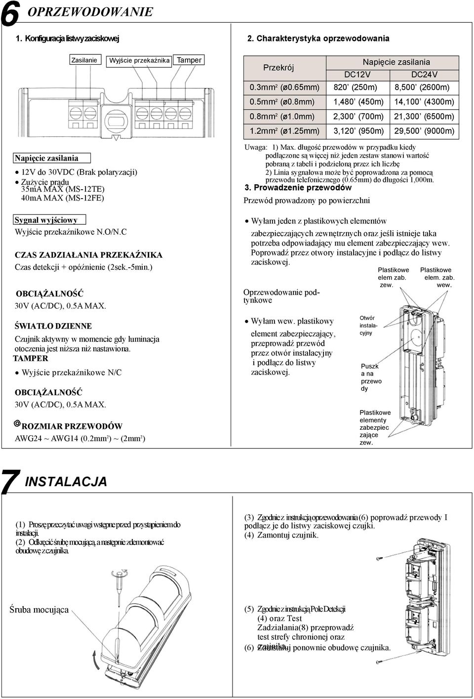 przekaźnikowe N.O/N.C CZAS ZADZIAŁANIA PRZEKAŹNIKA Czas detekcji + opóźnienie (2sek.-5min.) OBCIĄŻALNOŚĆ 30V (AC/DC), 0.5A MAX.