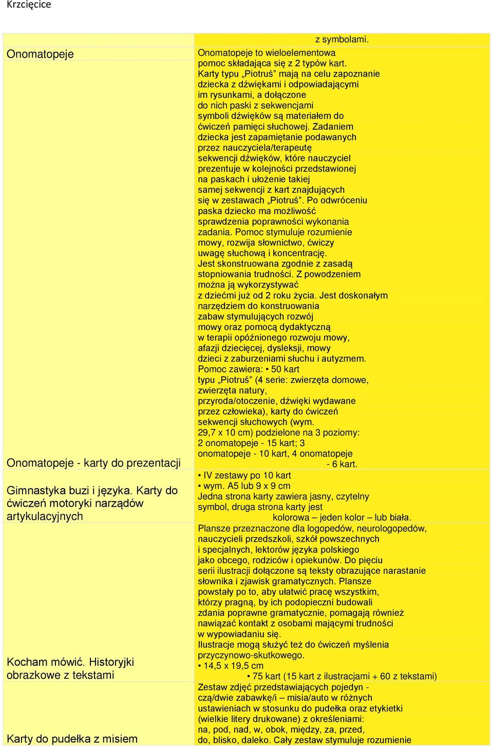 Karty typu Piotruś mają na celu zapoznanie dziecka z dźwiękami i odpowiadającymi im rysunkami, a dołączone do nich paski z sekwencjami symboli dźwięków są materiałem do ćwiczeń pamięci słuchowej.