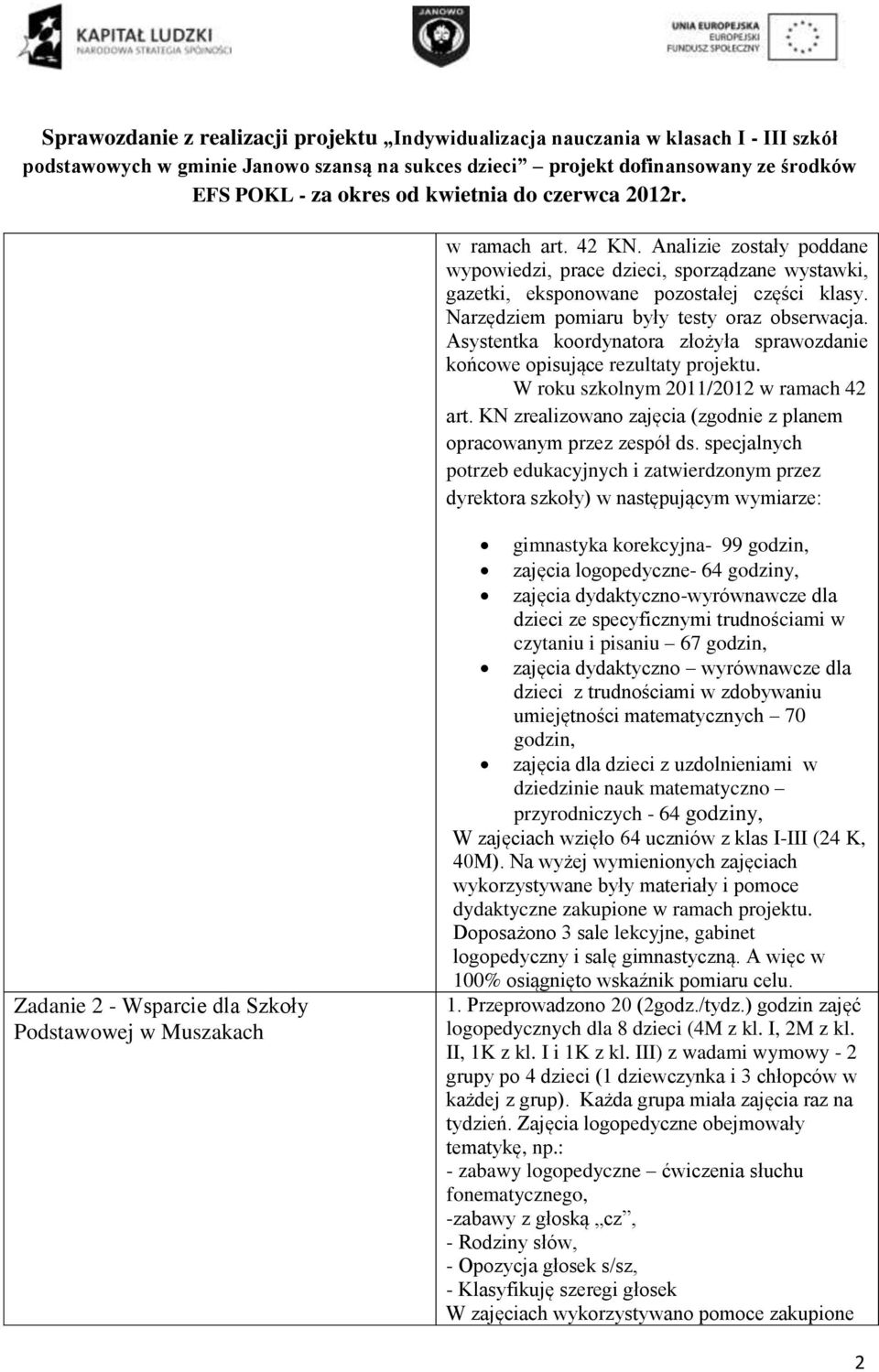 specjalnych potrzeb edukacyjnych i zatwierdzonym przez dyrektora szkoły) w następującym wymiarze: Zadanie 2 - Wsparcie dla Szkoły Podstawowej w Muszakach gimnastyka korekcyjna- 99 godzin, zajęcia