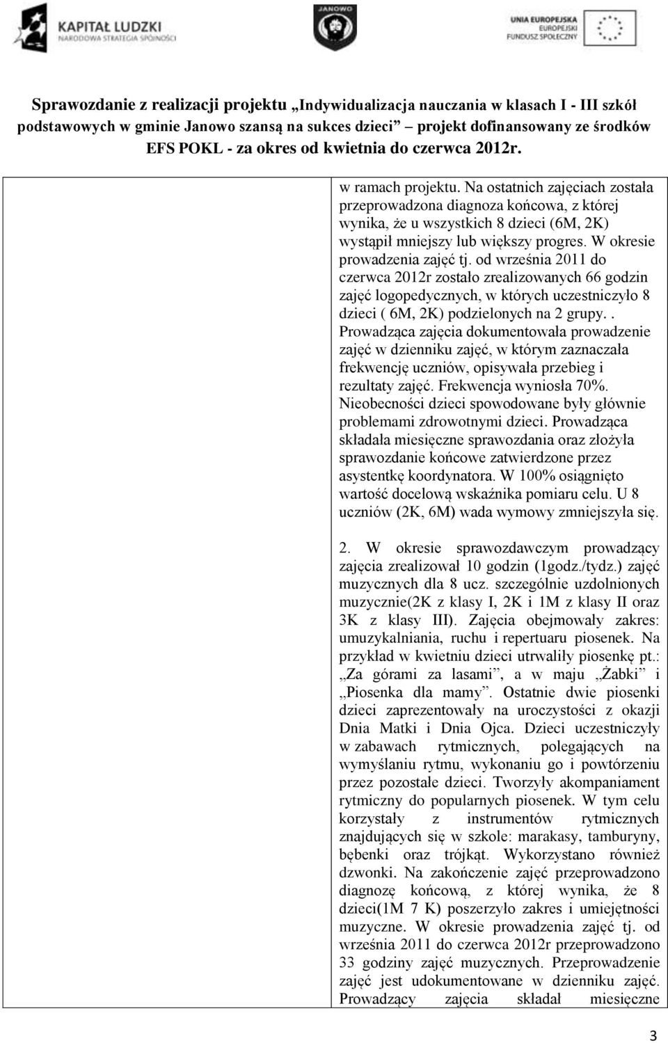 . Prowadząca zajęcia dokumentowała prowadzenie zajęć w dzienniku zajęć, w którym zaznaczała frekwencję uczniów, opisywała przebieg i rezultaty zajęć. Frekwencja wyniosła 70%.