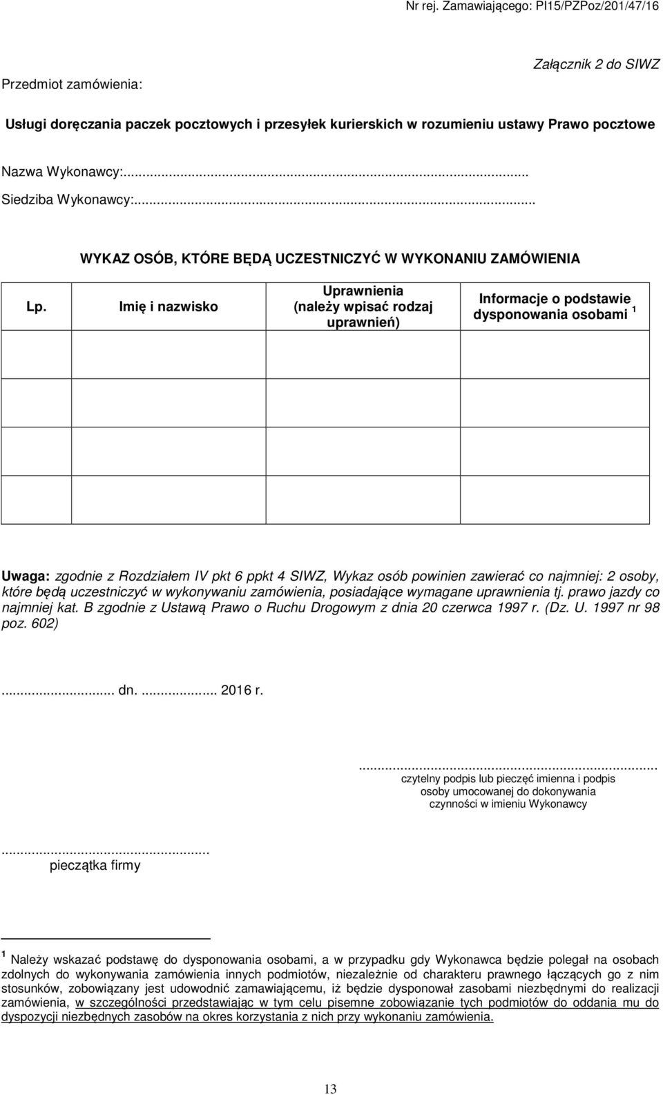 Imię i nazwisko Uprawnienia (należy wpisać rodzaj uprawnień) Informacje o podstawie dysponowania osobami 1 Uwaga: zgodnie z Rozdziałem IV pkt 6 ppkt 4 SIWZ, Wykaz osób powinien zawierać co najmniej: