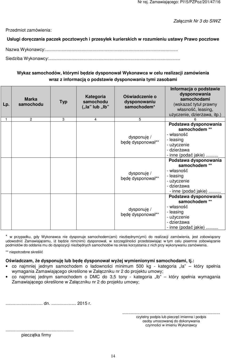 Oświadczenie o dysponowaniu samochodem* Informacja o podstawie dysponowania samochodami (wskazać tytuł prawny własność, leasing, użyczenie, dzierżawa, itp.
