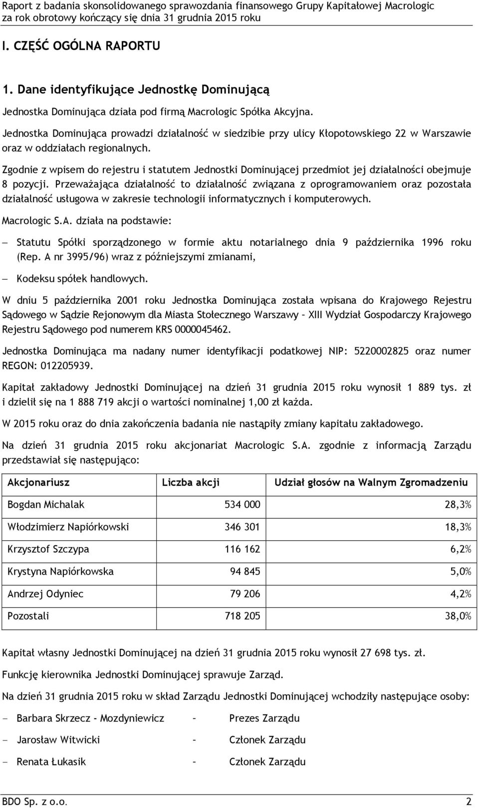 Zgodnie z wpisem do rejestru i statutem Jednostki Dominującej przedmiot jej działalności obejmuje 8 pozycji.