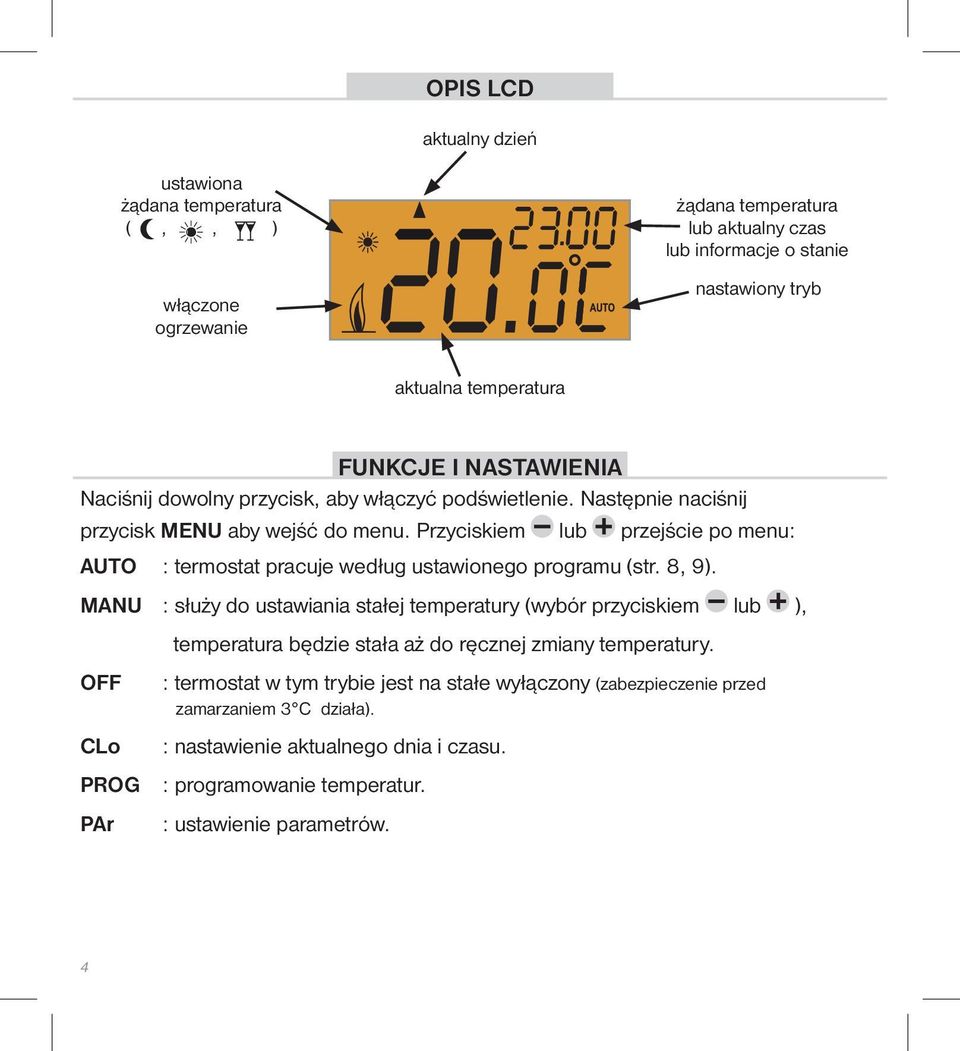 Przyciskiem lub przejście po menu: AUTO : termostat pracuje według ustawionego programu (str. 8, 9).