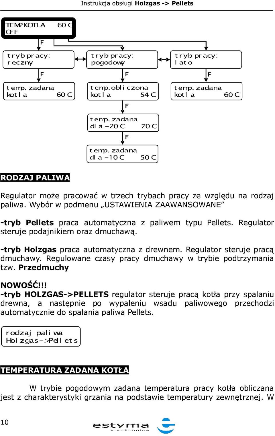Wybór w podmenu USTAWIENIA ZAAWANSOWANE -tryb Pellets praca automatyczna z paliwem typu Pellets. Regulator steruje podajnikiem oraz dmuchawą. -tryb Holzgas praca automatyczna z drewnem.