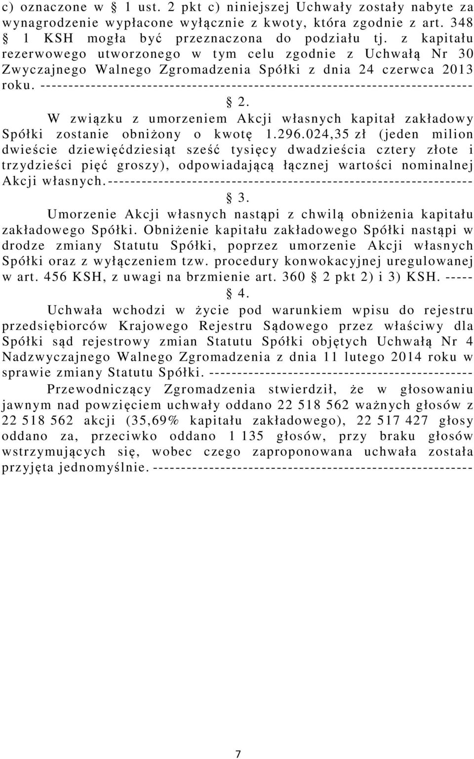 ----------------------------------------------------------------------------- W związku z umorzeniem Akcji własnych kapitał zakładowy Spółki zostanie obniżony o kwotę 1.296.