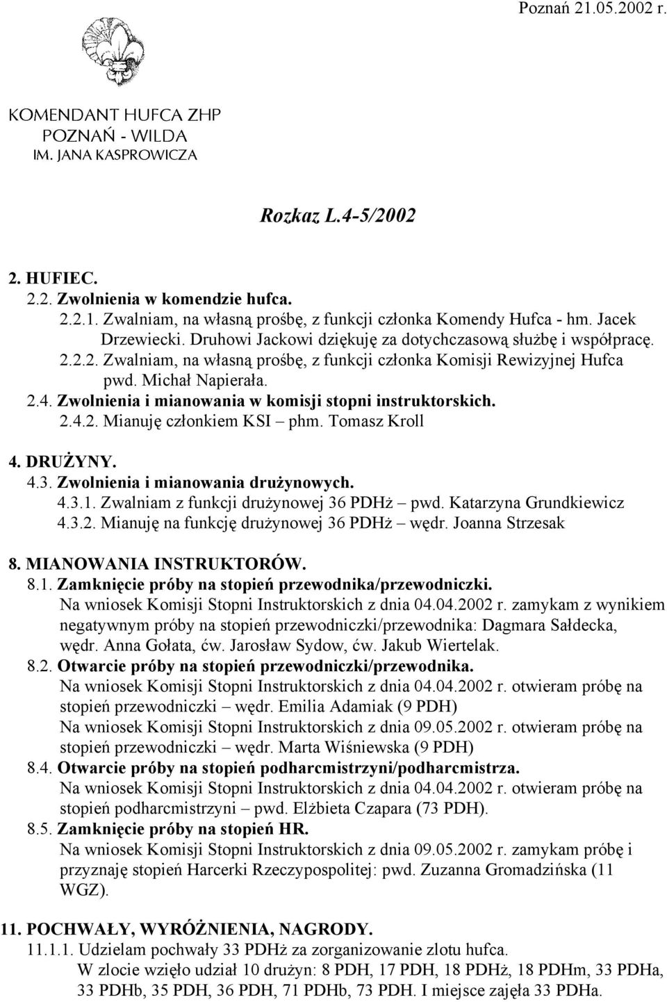Zwolnienia i mianowania w komisji stopni instruktorskich. 2.4.2. Mianuję członkiem KSI phm. Tomasz Kroll 4. DRUŻYNY. 4.3. Zwolnienia i mianowania drużynowych. 4.3.1.